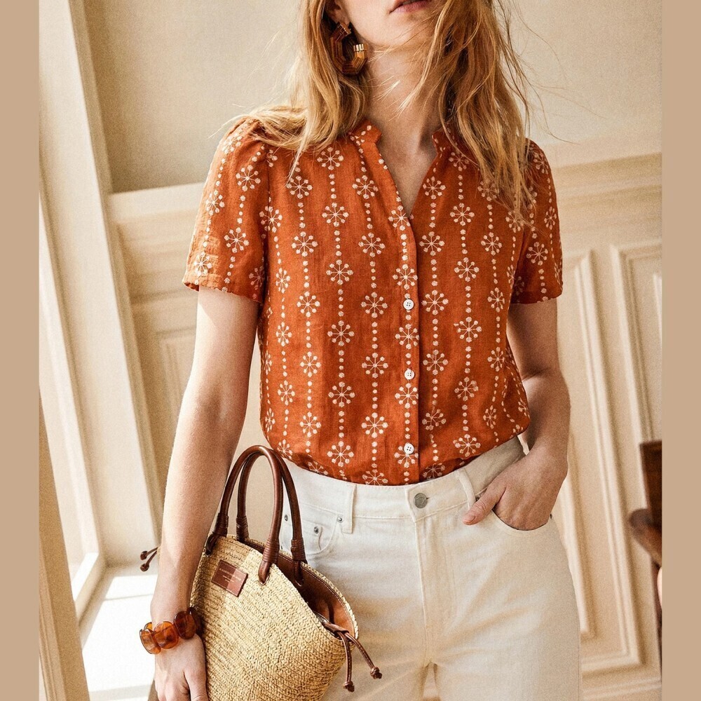 Rust Orange Snowflake Print Notched Collar Short Sleeve Button Up Blouse